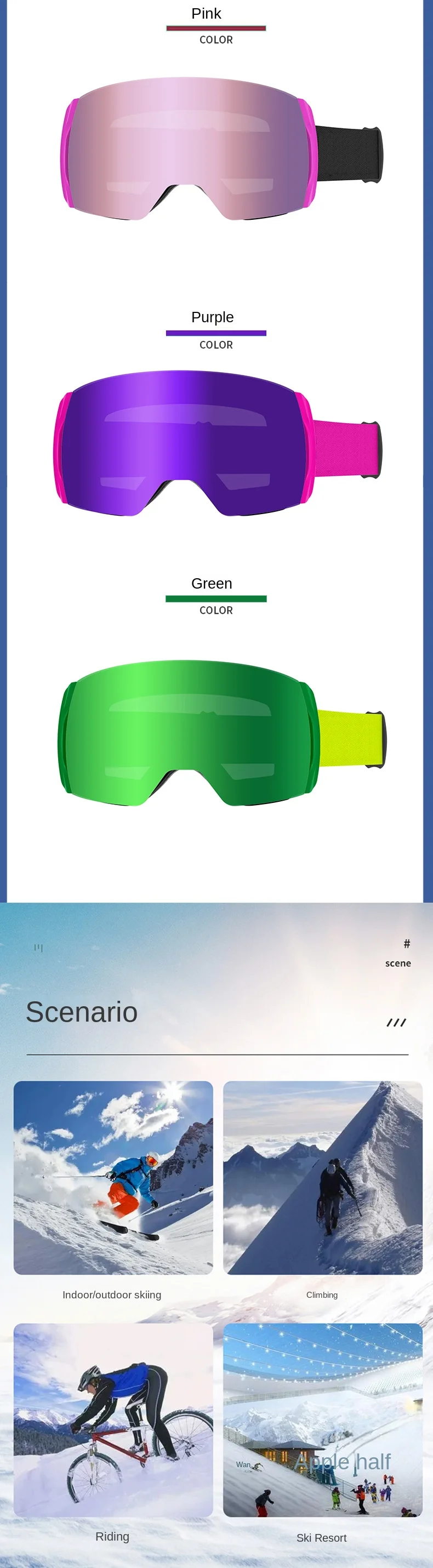 Magnetic Ski Goggles with UV Protection and Double Fog Protection for Men and Women with TPU Frame and PC Lenses