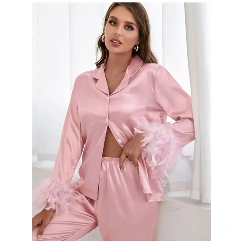 Satin Pajamas With Feathers Trouser Suits High Waist Sleepwear Women Sleepwear Sets With Pants Fur Single Breasted Sets 2024