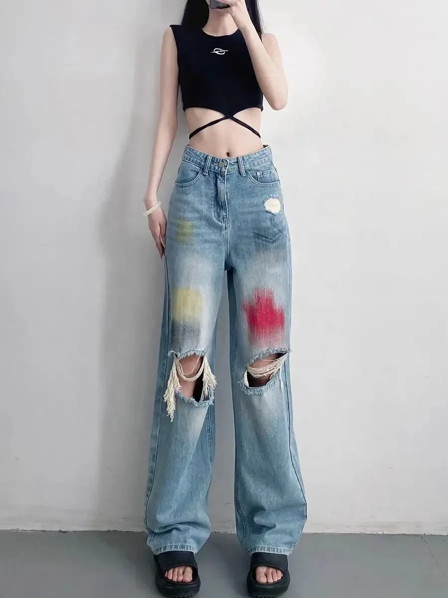 Women Independent Station Autumn And Winter Water Wash High Waist Broken Pants Wide Leg Pants Jeans