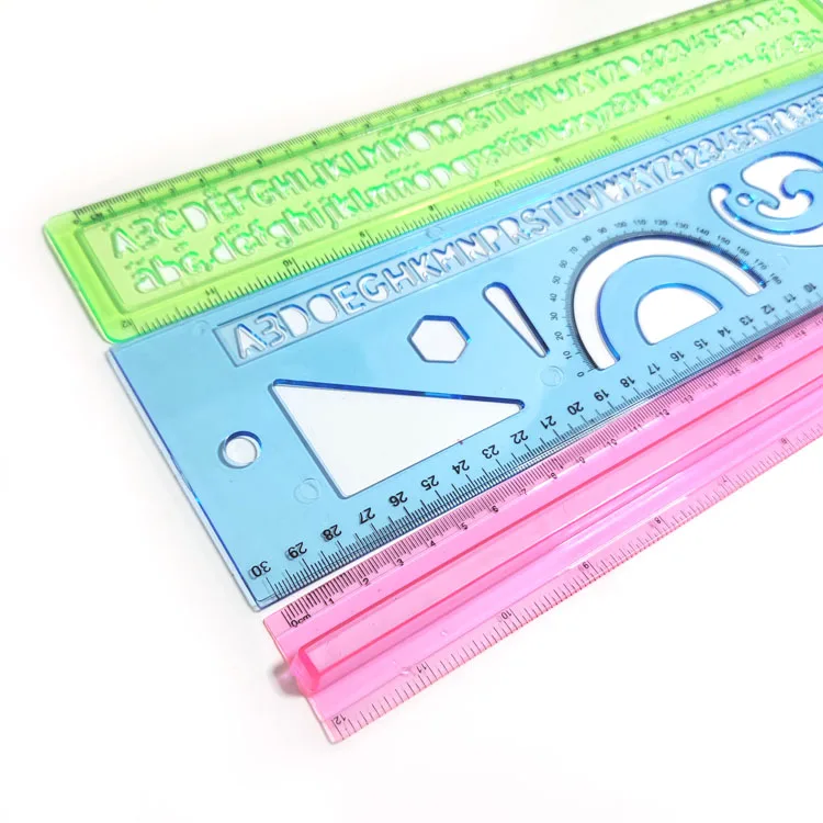 Hot Sale 12inch Straight Ruler Plastic Clear Assorted Color Alphabet Stencil Trace Ruler Set