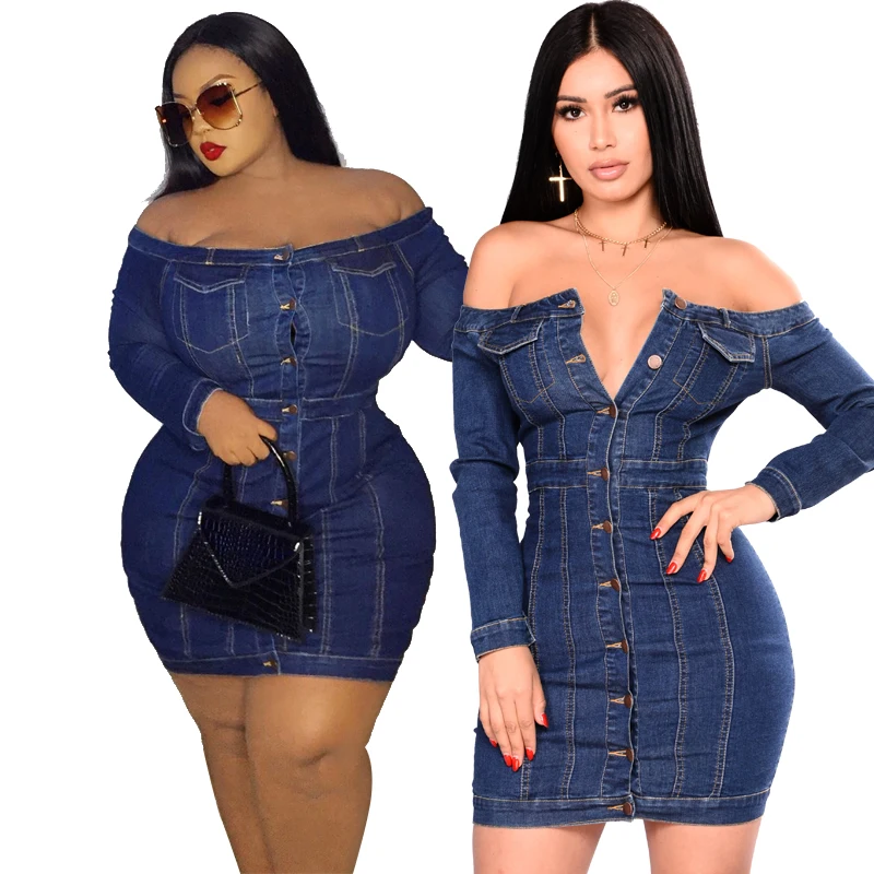 Shoulder Denim Women Plus Size Dress 