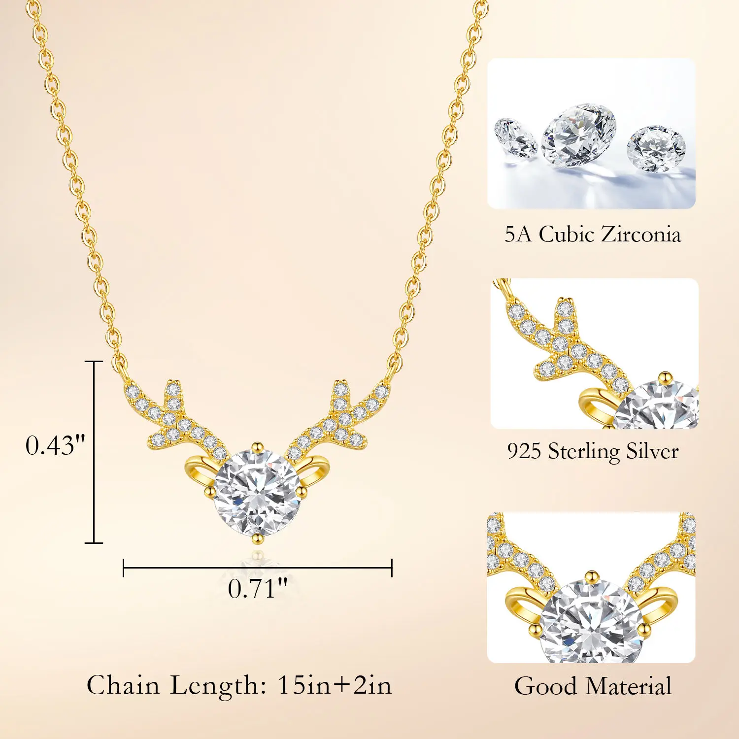 CDE CZYN024 Fine Jewelry Necklace S925 Silver Wholesale Deer 14K Gold Plated Christmas Gift Pendant Necklace