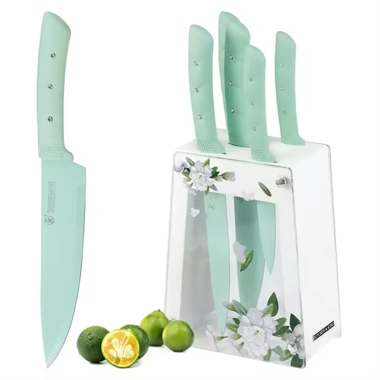 6Pcs New Design Stainless Steel Kitchen Knife Set Green/PINK Block with Flower Chef Cutting Knife Set with diamond handle