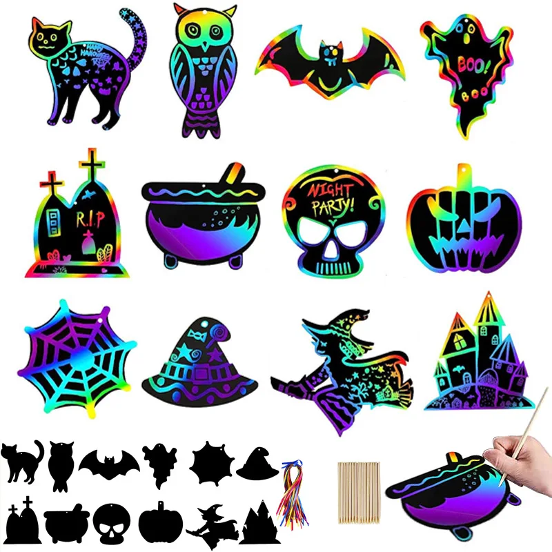 Funky Scratch Art for Kids Magic Rainbow Color Craft Hanging Ornaments Kit for School DIY Craft Activity Art Project Party Favor