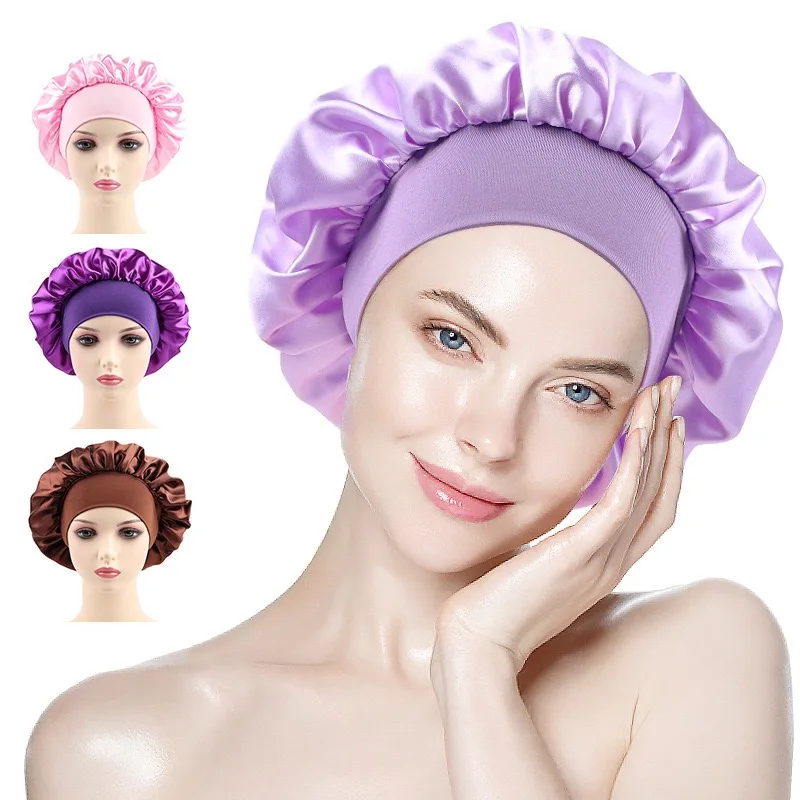 Unisex Head Warp Elastic Band Cap For Brimmed Night Hat Bath Cap Satin Silky Bonnet Sleep Hair Care Turban Shower Caps