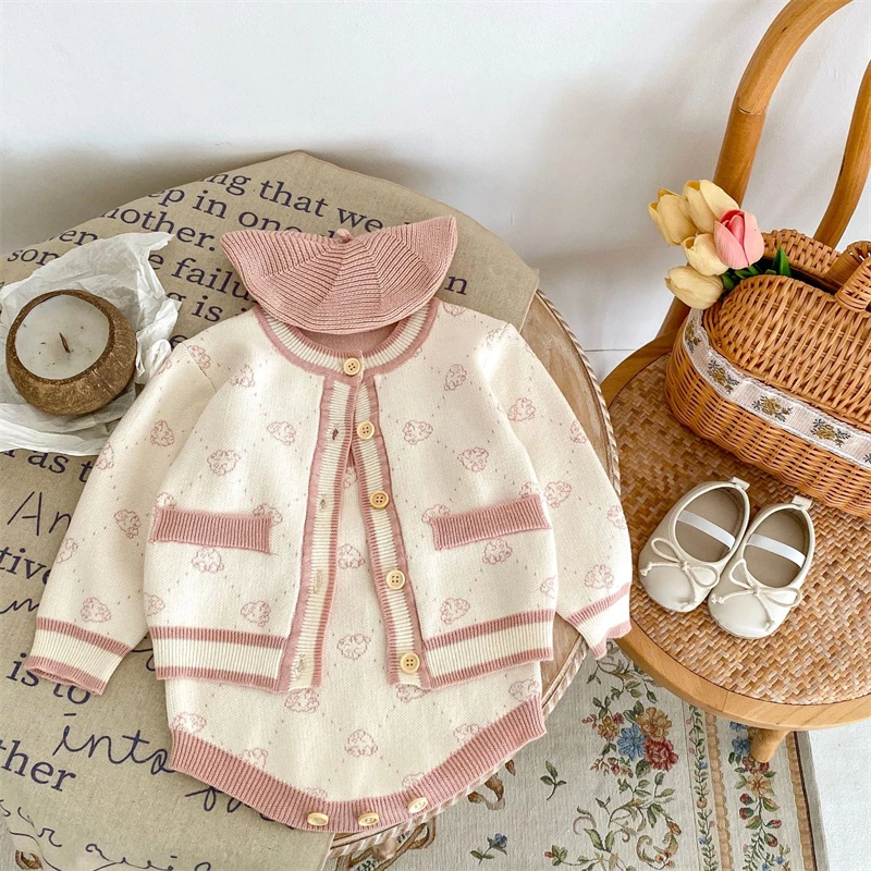 2023 Autumn Winter Newborn Baby Clothes Sets Baby Girls Knitted Sweater + Romper Toddler Infants 2pieces Clothing Outfits