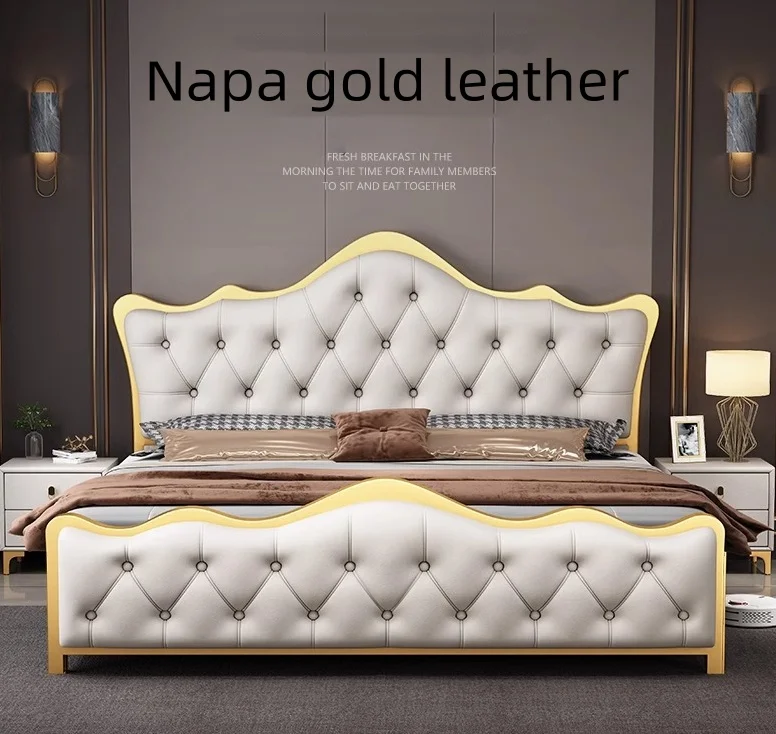 Luxury King Size Modern Leather Bed with Gold Stainless Steel Frame High Double Bed Upholstered Leather Headboard