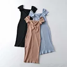Dress Custom Logo Hot Selling Women Summer Sexy Square Neck Short Sleeve Simple Rib Knitting Cotton Casual Shirt Dress