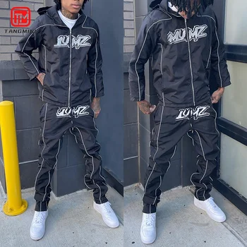 Custom Logo Reflective Hoodies And Joggers Set Cotton Zip Up Oversized Tracksuit Mens Nylon Windbreaker Tracksuit