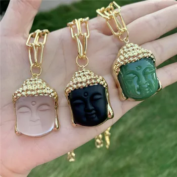LS-B1635 New design gold color Buddha pendant necklace natural gemstone quartz Buddha necklace paper clip chain necklace