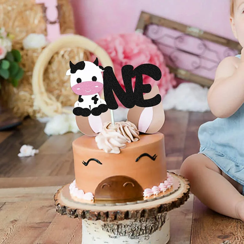 Farm Animal Cow One Cake Topper Baby's First Birthday Party Scene Decorated Cake Insert