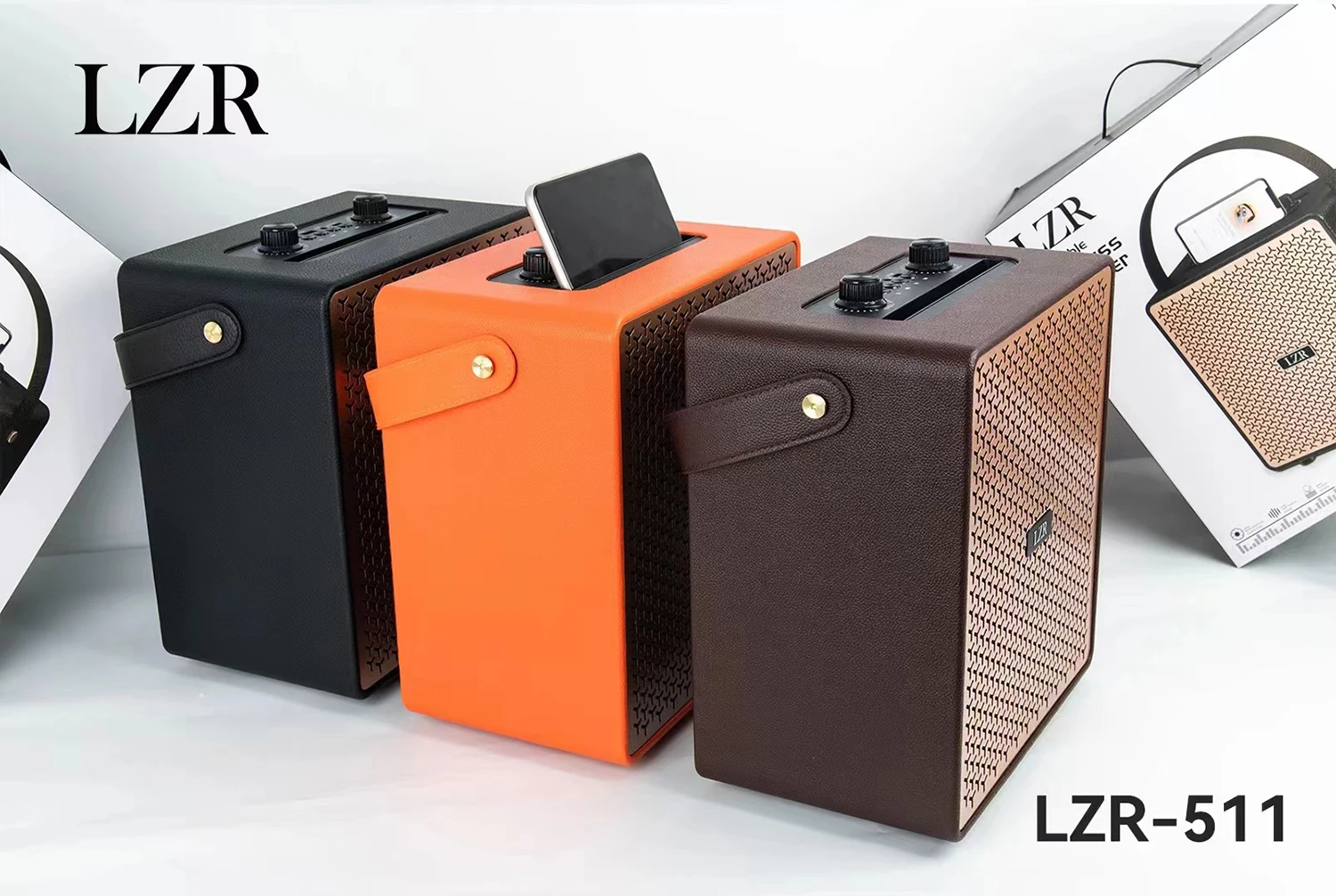 lzr-511复古木质皮革便携式无线bt方形扬声器调频收音机超低音低音扬声器有源hifi音乐盒家用扬