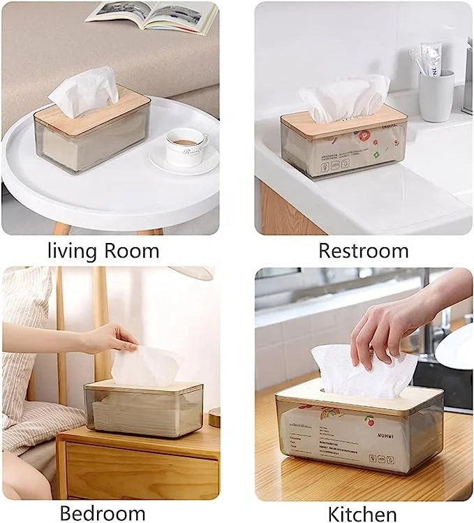 Tissue Holder Dryer Sheet Dispenser Box with Bamboo Wood Lid of Transparent Container
