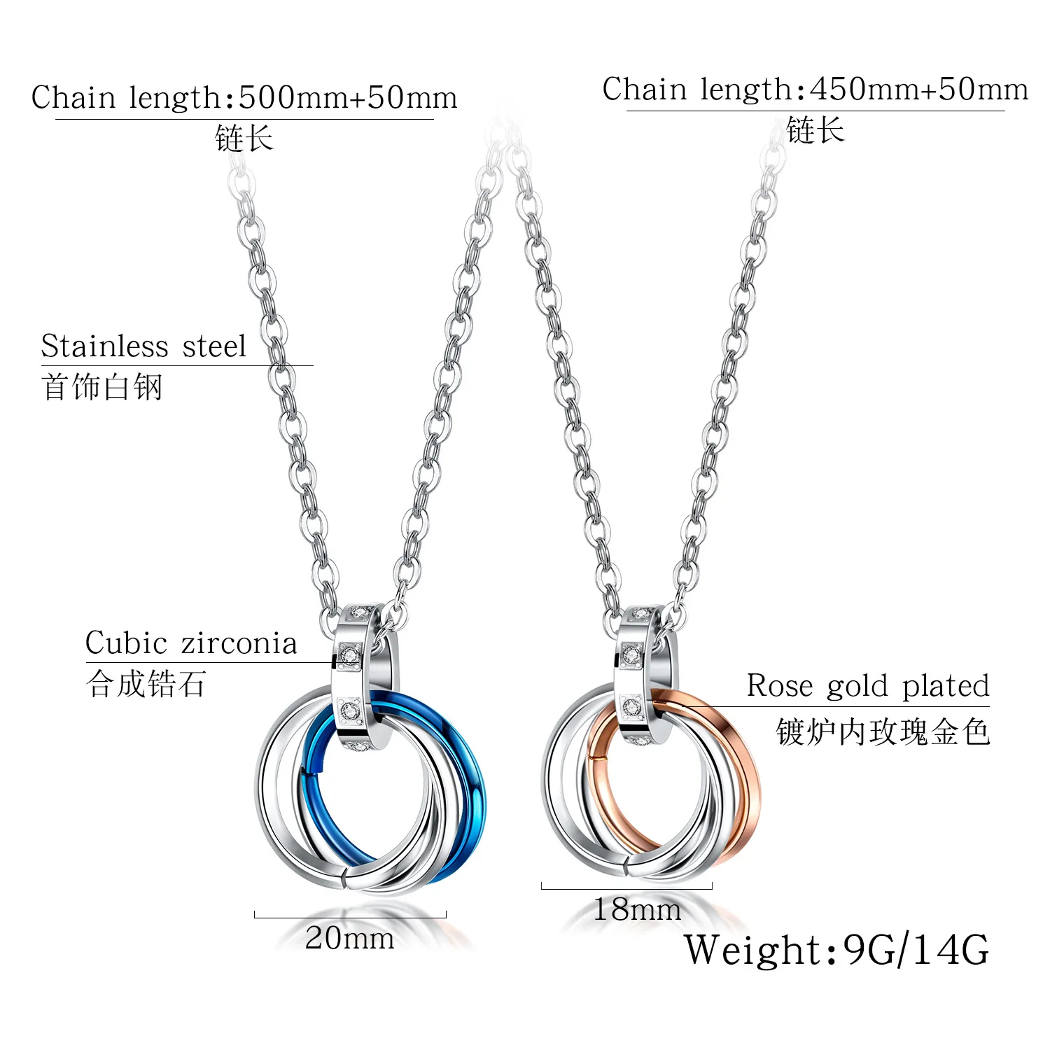 stainless steel couple necklace double ring necklace for couples 316l stainless steel couple jewerly