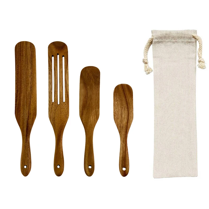 Wooden Spurtles Set of 4, Non-Stick Utensils Tools Durable Natural Wood Slotted Stirring Spatula Kitchen Cookware For Cooking