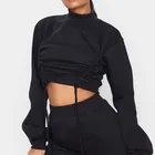Long Women Women Black Hoodie New Coming Black Ruched Tie Front Crop Sweater Basic Solid Long Sleeve Women Hoodie