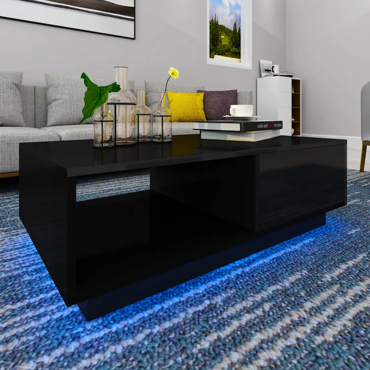 Luxury modern rectangular lounge large coffee table set black wood with led light coffee table
