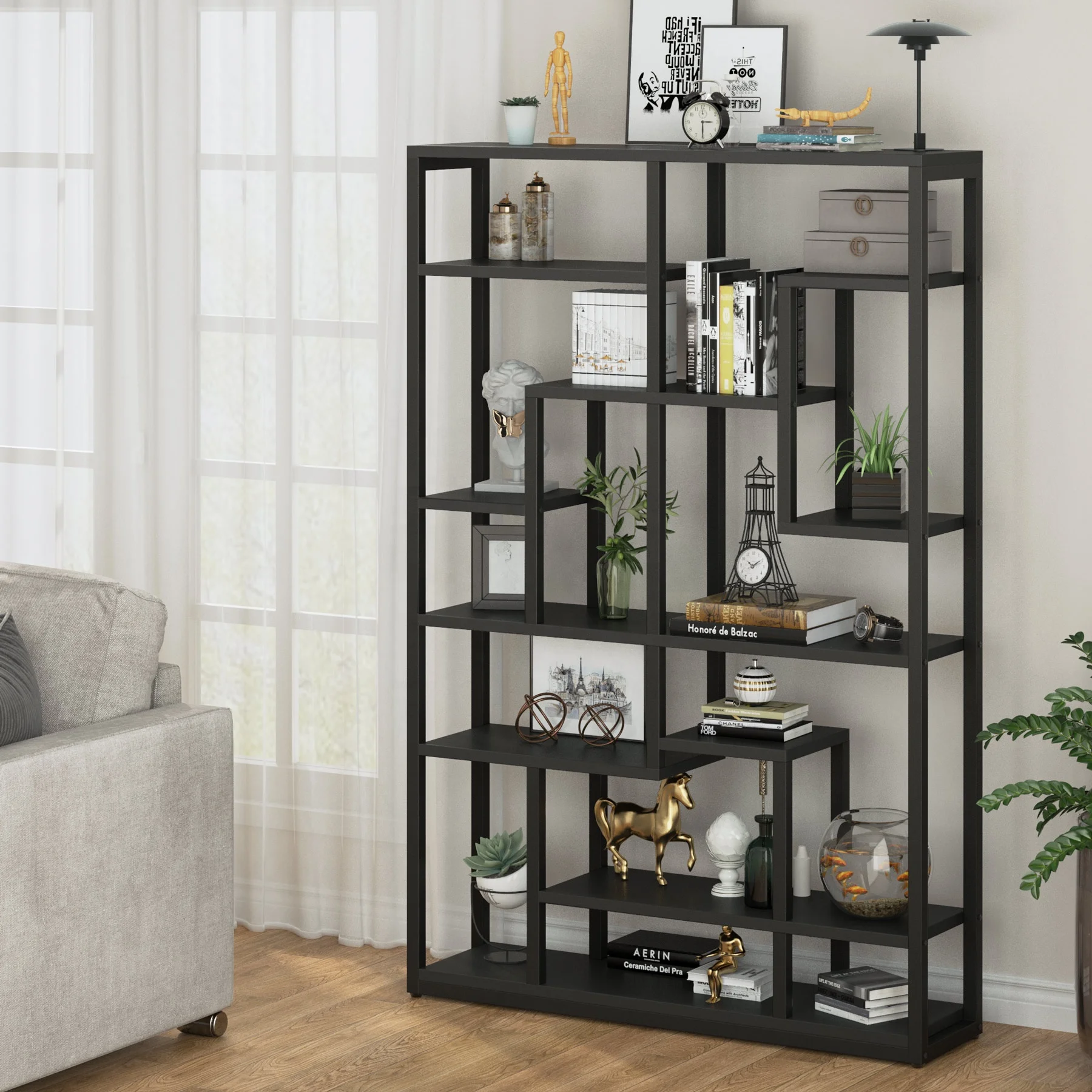 New Modern simple design wooden 9-Tier vintage wide standing bookshelf for home office living room open metal bookcase
