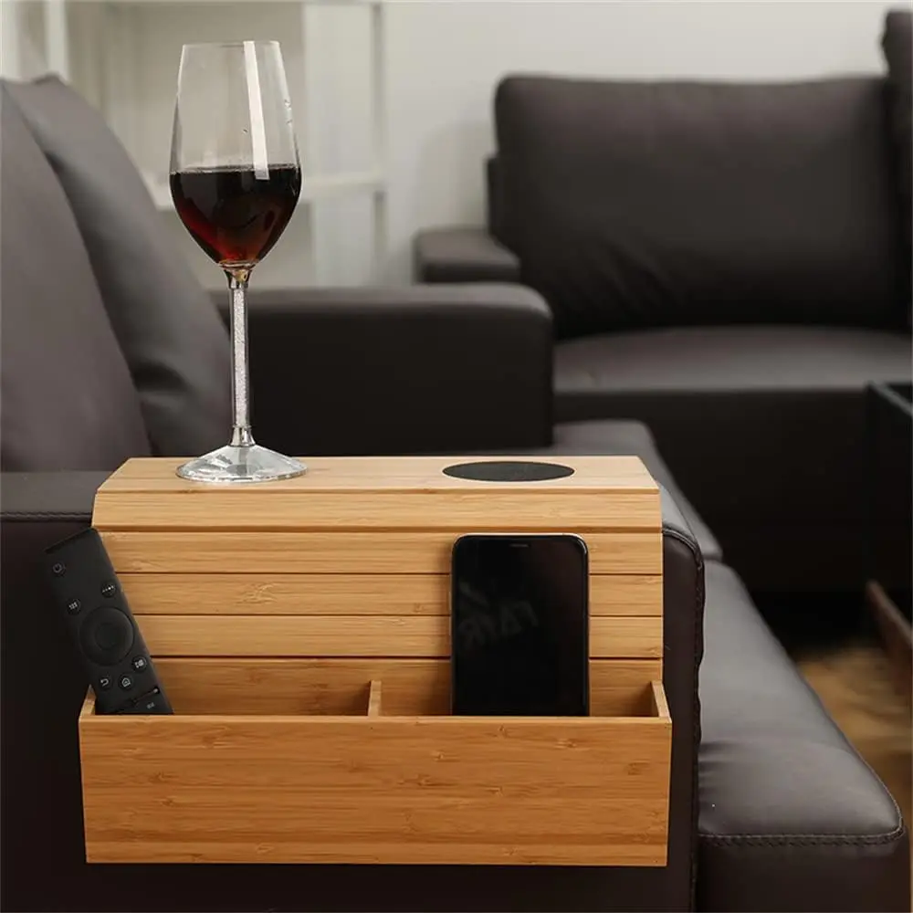 product handmade foldable sofa arm tray table bamboo sofa armrest clip on tray couch cup holder with box for food-3