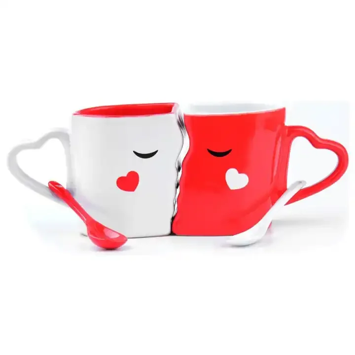 OEM & ODM Ceramic Kissing Mug Customized Valentine Gift Coffee Cups Double Two Large Cups & Spoons for Couples Ceramics Mug