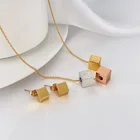 Gold Earrings Fashion Gold Plated 18K Gold Cubic Geometric Charm Necklace Stud Earrings Jewelry Set
