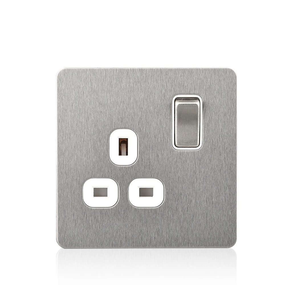 1 Gang Stainless Steel Switched 13A UK 3 Pin Flush Wall Socket with 2x USB Ports