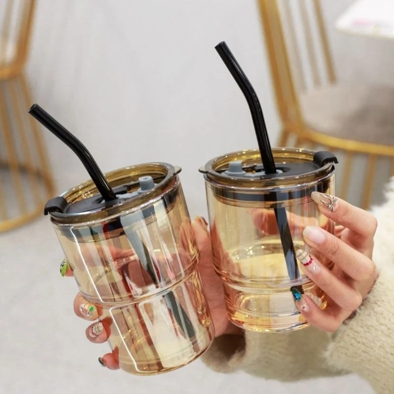 Wholesale Custom Logo Coffee Cup Hot Sale Portable Glass Coffee Cup Reusable Large-capacity Juice Milk Mug With Straws &lids