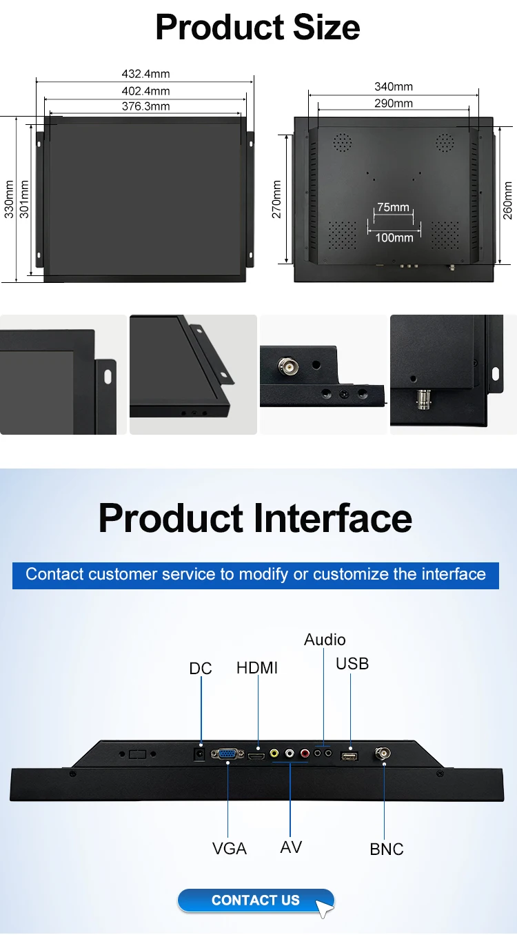 Wholesale 19 Inch LCD Monitor 4-wire Resistive Touch Screen Open Frame Hanging Ear Metal Case HD-MI VGA BNC Industrial in Stock
