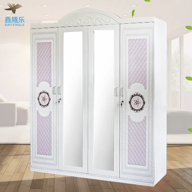 Guangzhou Foshan Factory's 4-Door Steel Wardrobe Mirror Kids Children's Bedroom Furniture Cute Pattern Cloth Baby Cheap Lemari