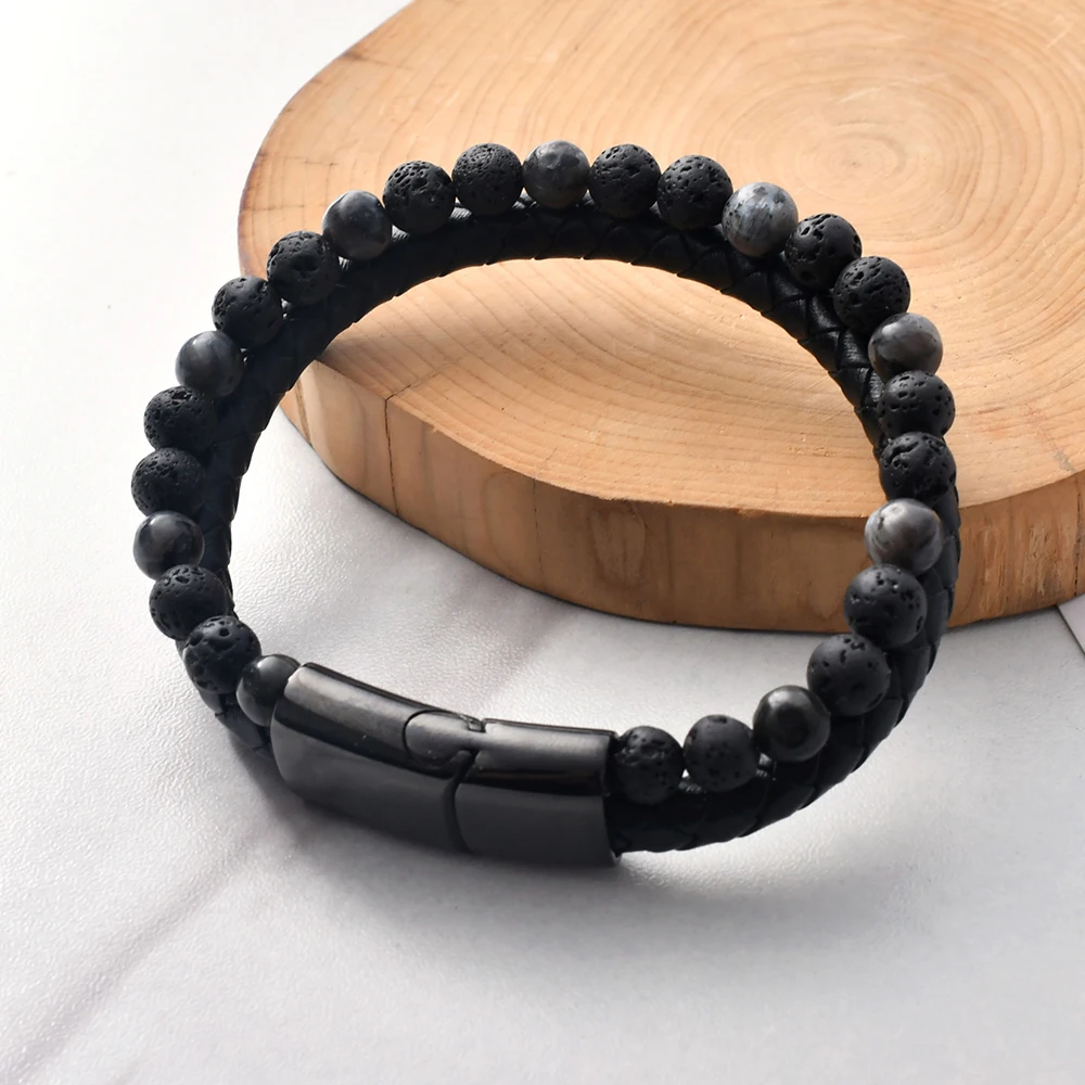F254 Lava Stone Spectrolite Men Mens Beaded Bracelets  Manufacturers High Quality Bead Hand Logo Genuine Leather Bracelet