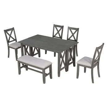 Free Shipping Family Dining Room Set 6 Piece Home Furniture Wood Modern Dining Table Set 1 Table + 4 Chairs + 1 Bench Burlap