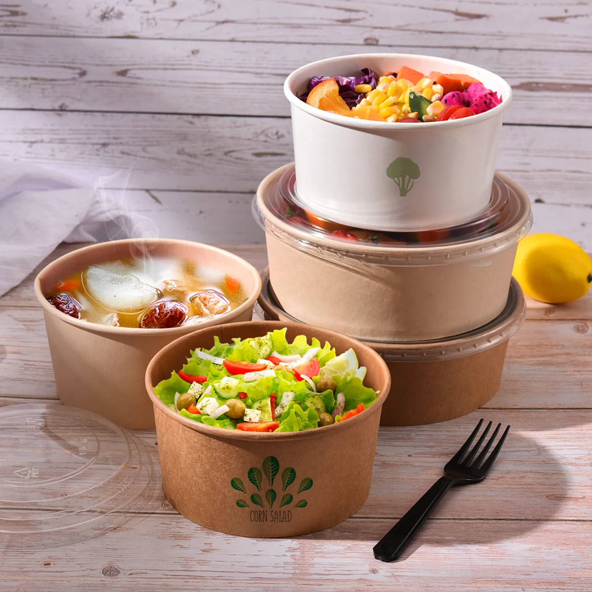500ml, 750ml, 1000ml, 1300ml disposable kraft white and bamboo unique paper food salad bowls