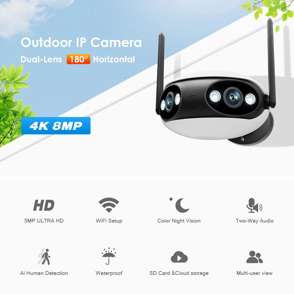 Icsee 4MP Dual Lens Panoramic Fixed 2MP Network Camera Wifi Dual lens 180 degree  Panoramic Surveillance Cctv Camera Wireless