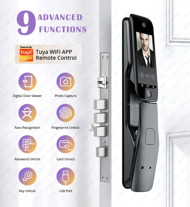 Tuya Wifi Dual screen voice and video intercom Doorbell Screen Smart Fingerprint Face Recognition Camera Smart Door Lock