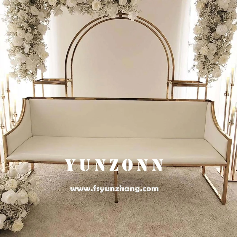 Upholstered Gold Stainless Steel Accented White Leather Wedding Sofa for Rental Event