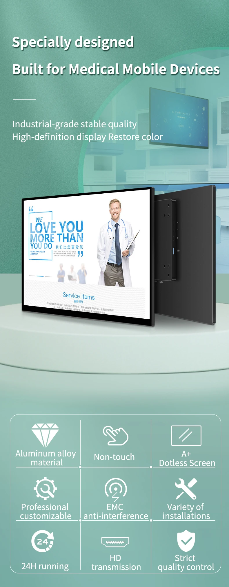 Wall Mounted Medical Grade Emc Tested Ips 13 .3 15.6 17.3 Inch Super