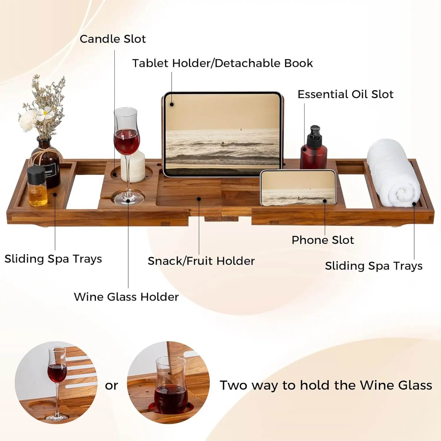 product luxury foldable bath tray teak bathtub tray with expandable handles wine glass and phone holders book stand-2