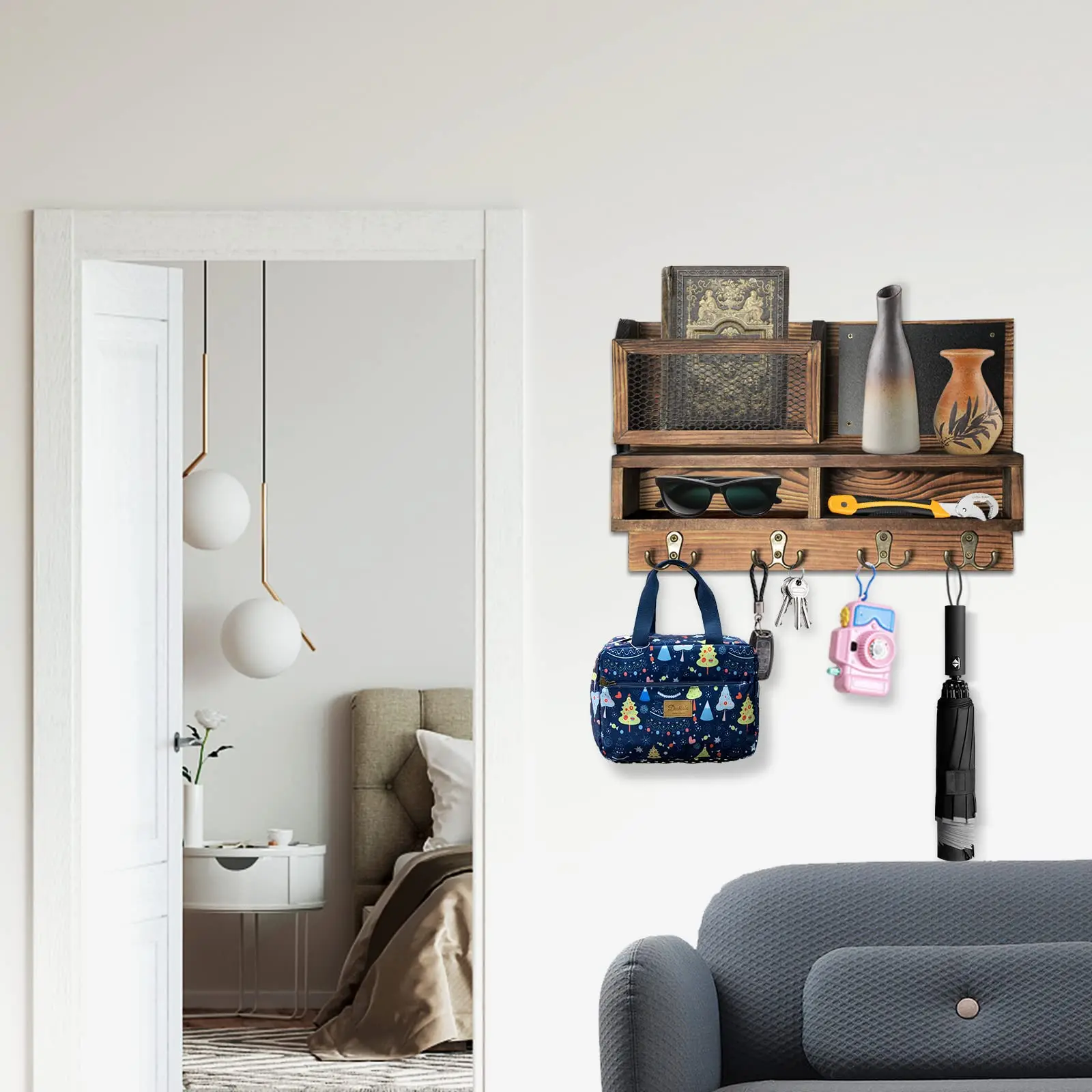 product custom rustic wood entryway shelf with key hooks mail organizer wall mounted home decor storage rack for coats keys-3