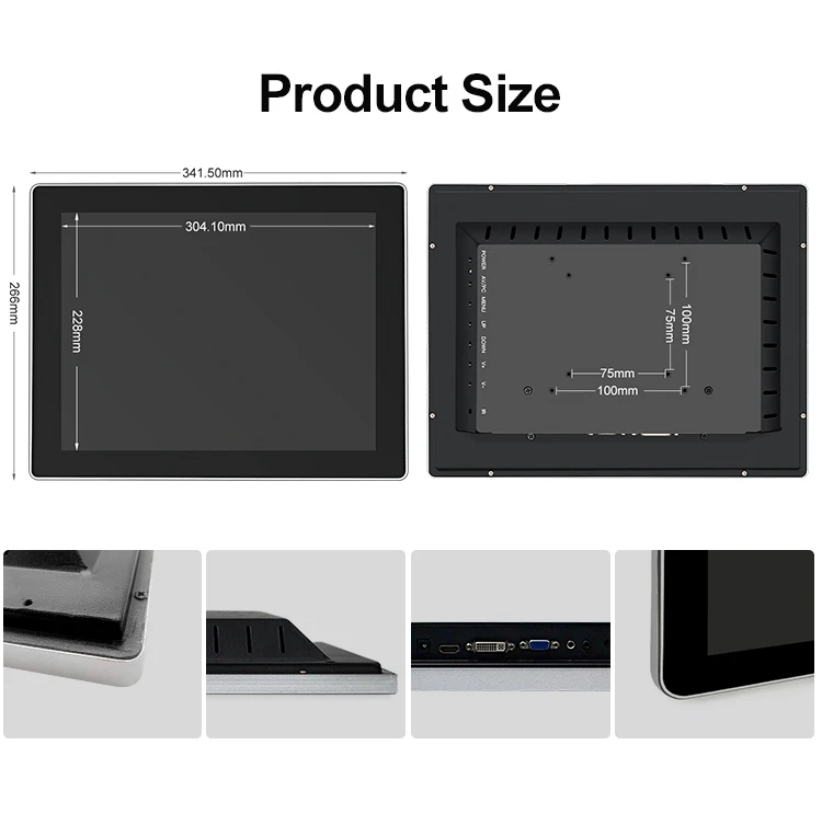 Factory 15" 15.6" 17" Industrial Monitor Fanless Aluminum IP65 Waterproof Wall Embedded Square Screen Display Stock VESA Mount