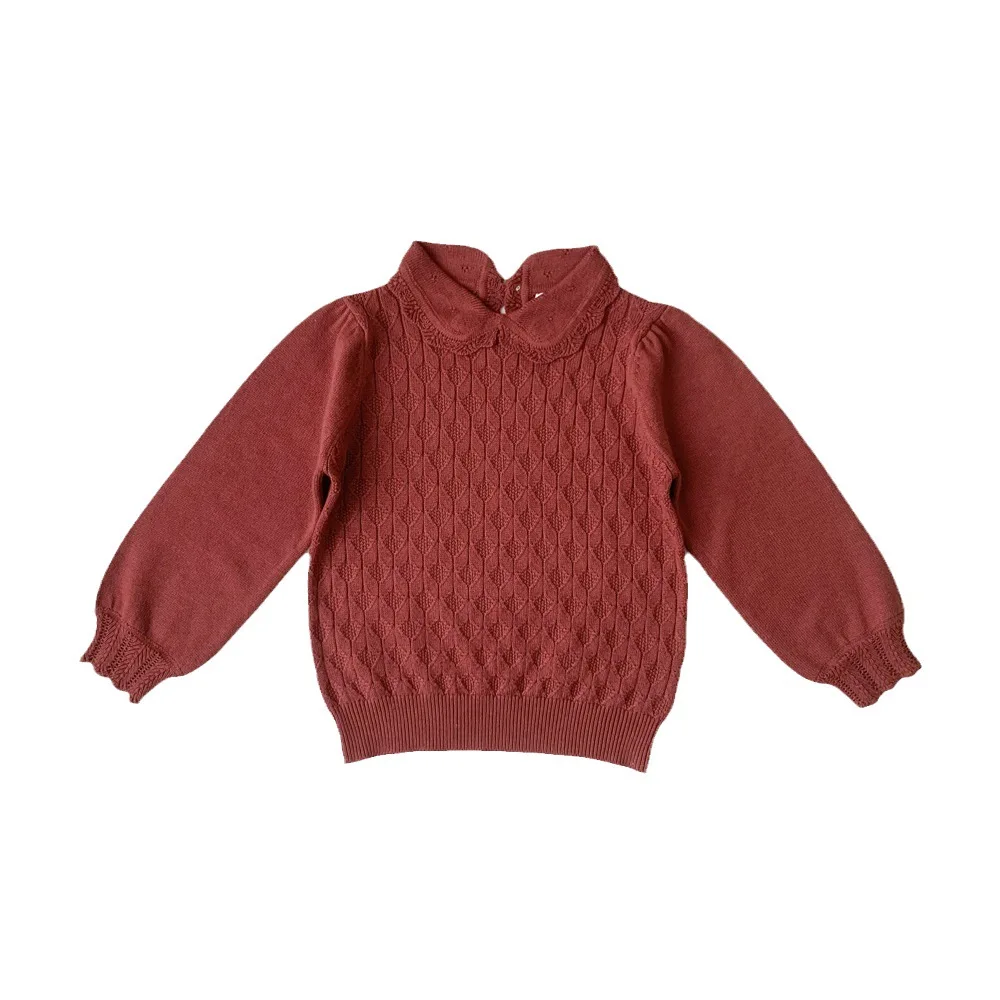 2023 autumn and winter new fashion baby lapel pullover sweater thin knit sweater vintage doll collar girls top