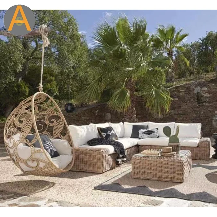 Contemporary Rattan Garden Furniture Gray L Shape Wicker Patio Outdoor