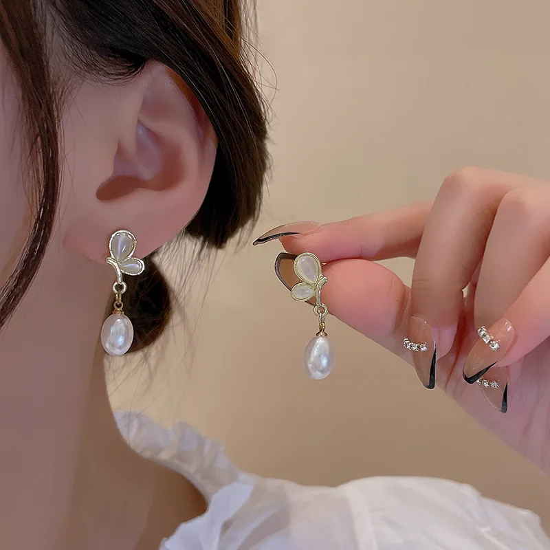 opal Butterfly pearl earrings female personality light luxury advanced fashionable wild ear studs