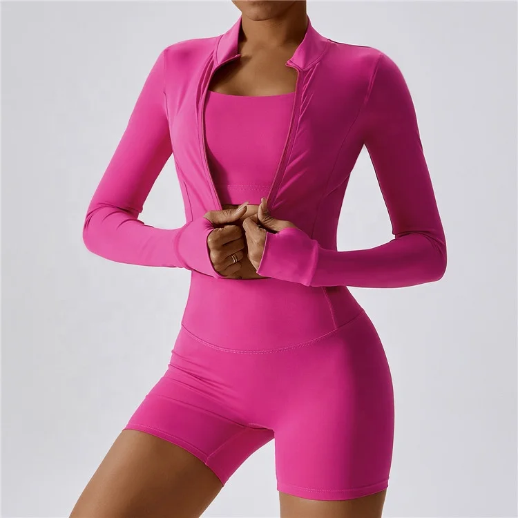3PCS Seamless Women Yoga Set Workout Sportswear Gym Clothing Fitness Long Sleeve Crop Top High Waist Shorts Sports Suits