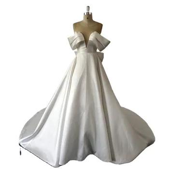Ball Gown Off Shoulder deep v-neck sexy simple styles ivory satin plus size wedding gown