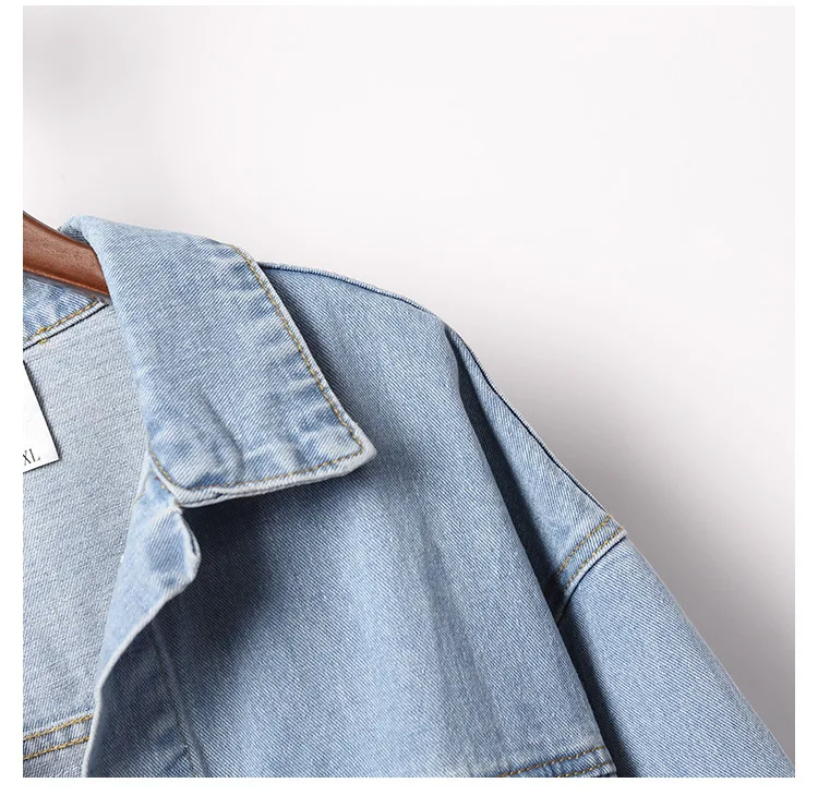 Custom Women's Oversized Vintage Denim Jacket Long Sleeve Cropped Coat with Fringe Sequin Embroidered Design details