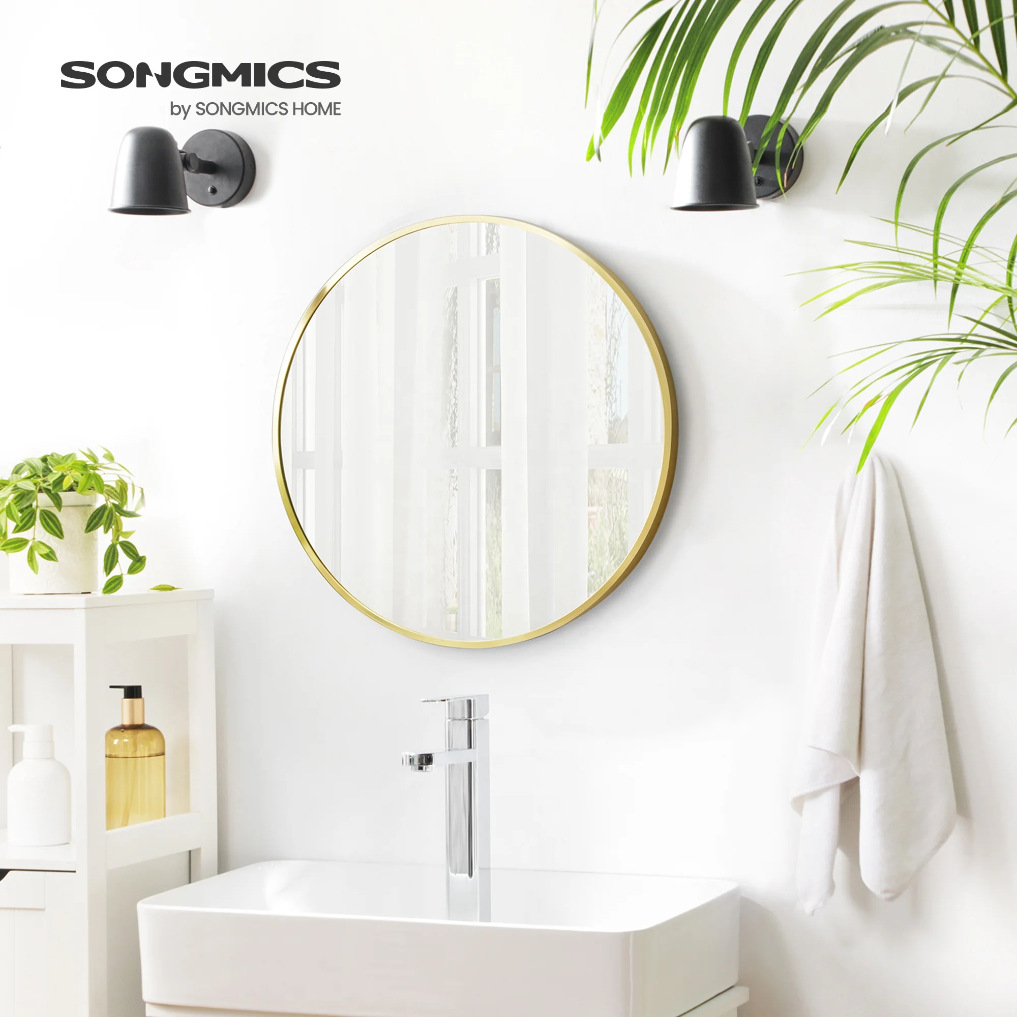 SONGMICS  Custom Aluminum Alloy Round Gold Frame Wall Mirror Mounted Bathroom Decor Wall Hanging Mirror