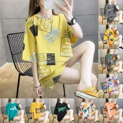 Customized 100% cotton short sleeved design with drooping shoulders, fitting loose neck, and loose fitting women's T-shirt
