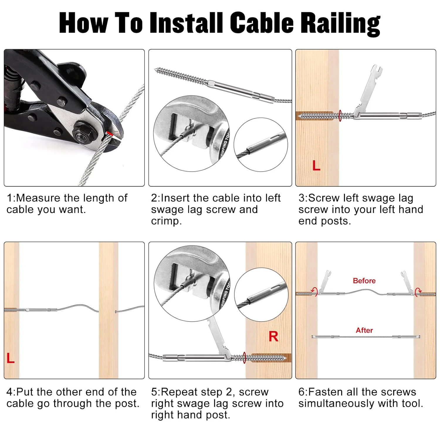 T316 Stainless Steel Cable Railing Hardware with Waterproof Rust-proof Swage Lag Screws Suitable for 3/16-inch Cables
