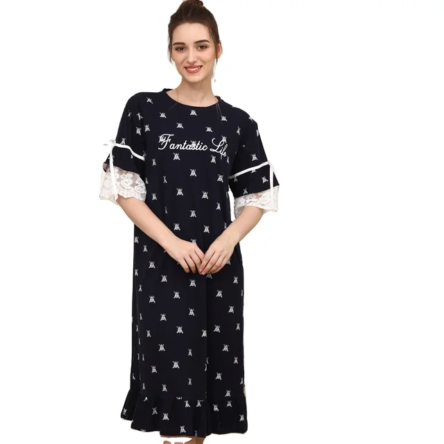 elegance Women Sleepwear round-Neck cotton Nightdress Homewear Nightwear Thin short Sleeve Nightgown Female Night Dress