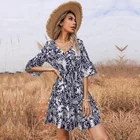 Summer 2021 New Summer Women's V-neck Flare Half Sleeve Slim Waist Floral Casual Dresses